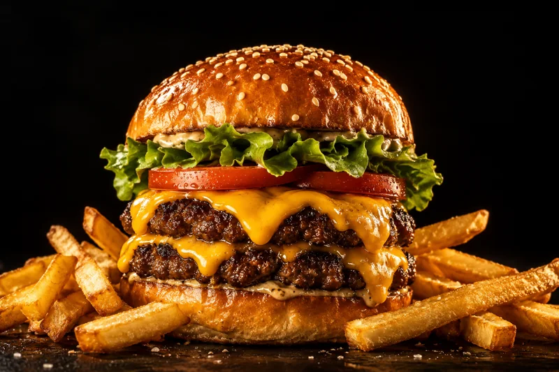 Double smash burger with cheddar, tomato, lettuce and sesame brioche