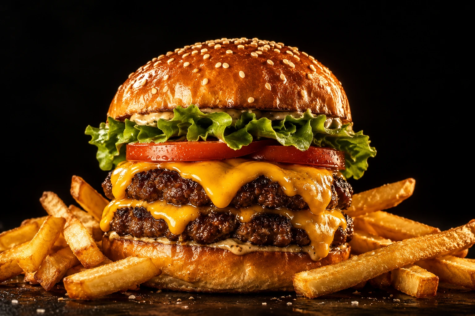 Double burger with cheddar, lettuce and sesame brioche beside fries