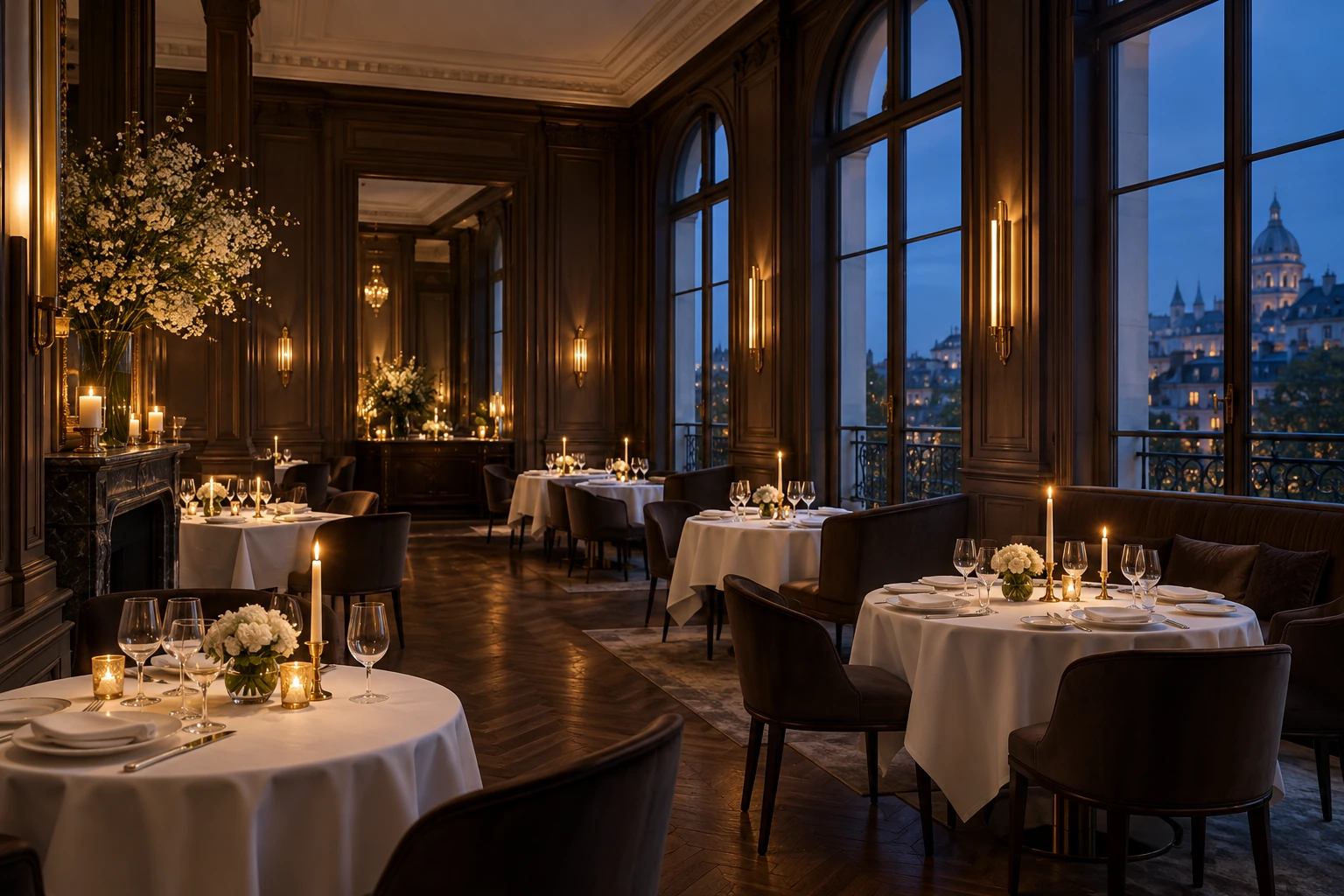 Candlelit restaurant with sculptural seating and warm architectural lighting