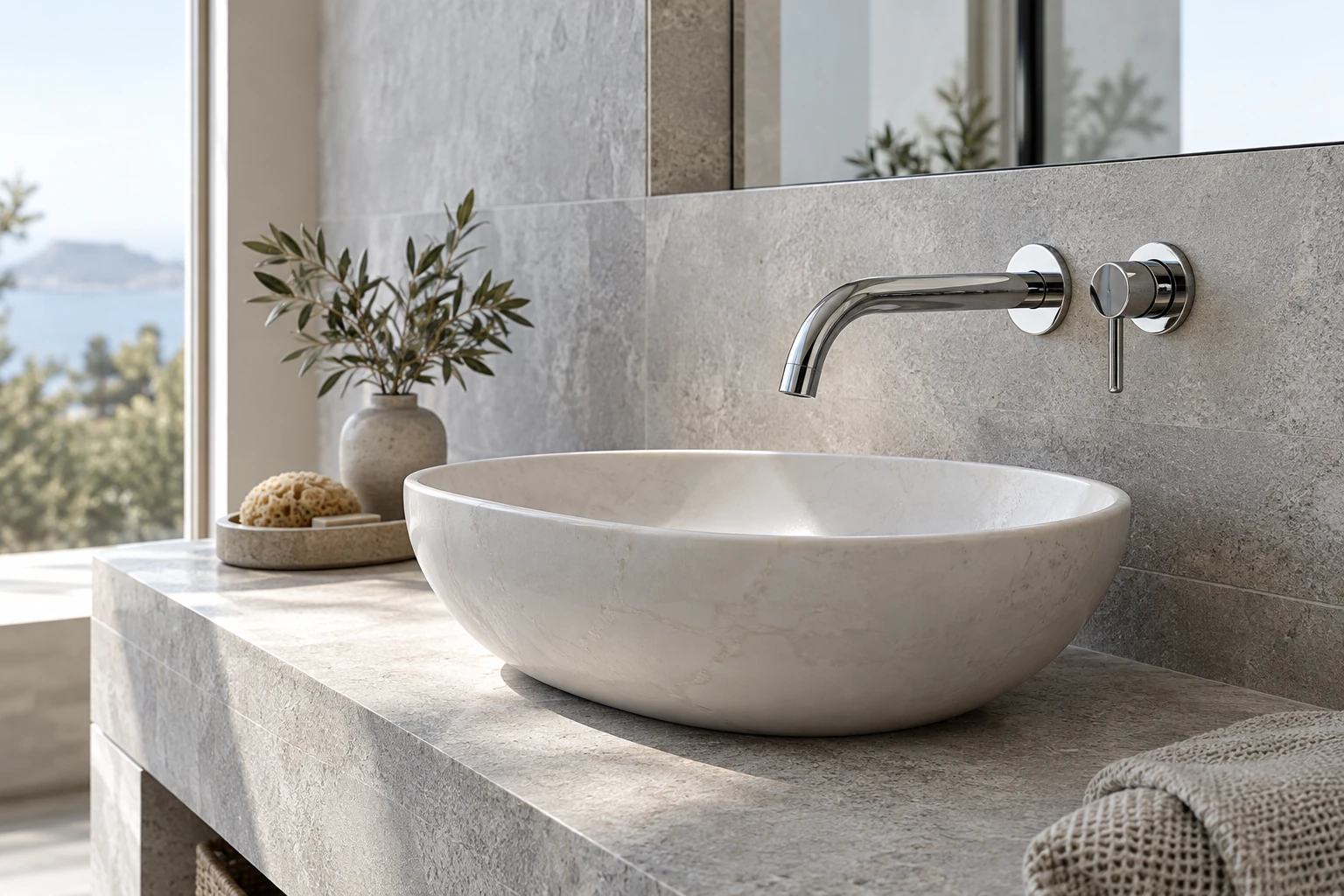Chrome faucet and stone basin in a contemporary bathroom project